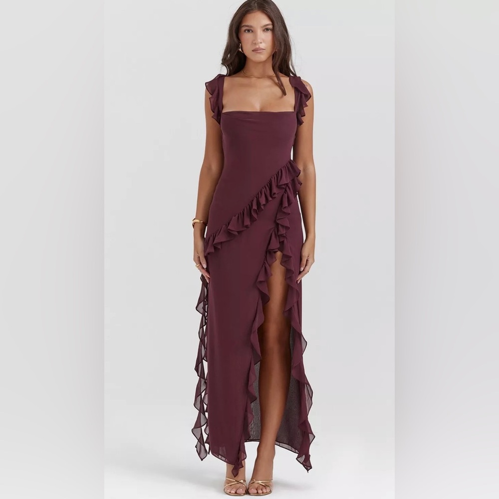 House of CB Ariela Mulberry Ruffle Maxi Dress Size S
